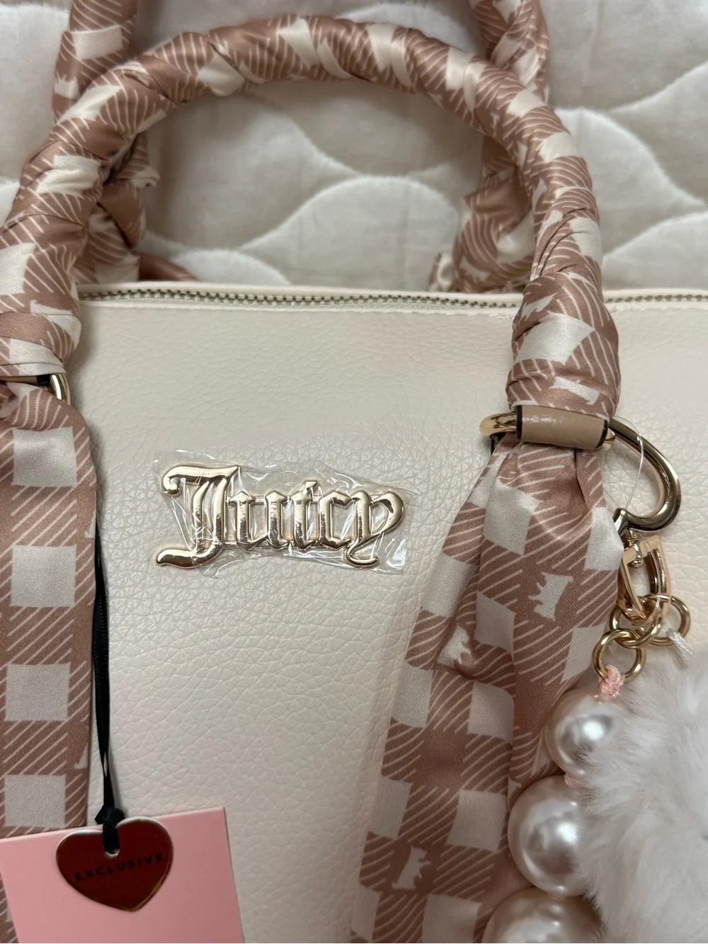 Juicy Couture Cream Satchel with Pink-Tan Scarf and Charm